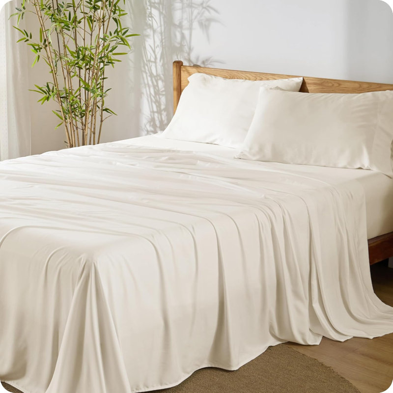 Ensemble de draps en rayonne de bambou à poches profondes et soyeuses 16 pouces, Beige clair