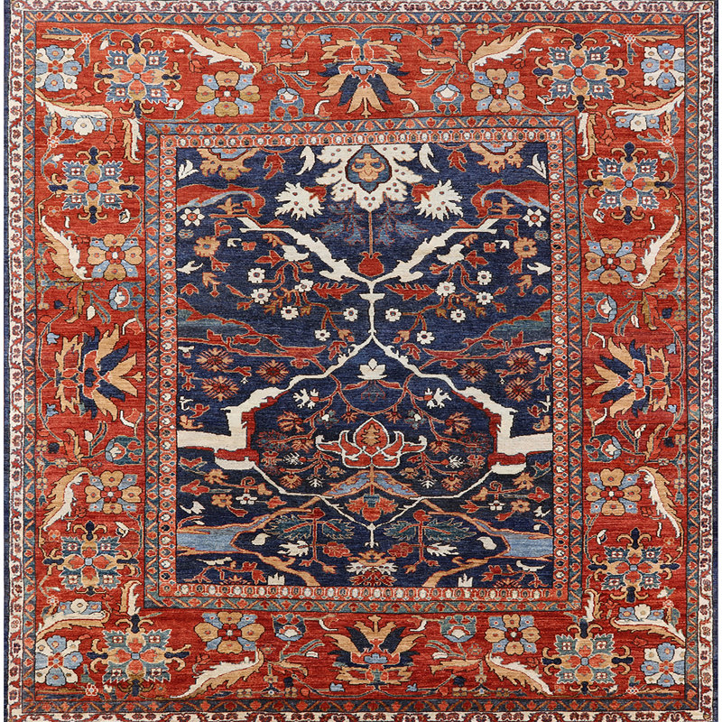 Tapis rouge / bleu / ivoire, Carré 5 pi