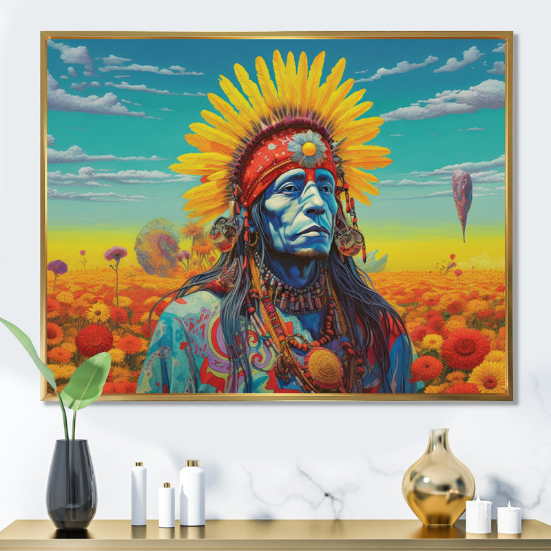 Chaman amérindien avec coiffe en plumes I sur toile, H 34 po x l 44 po, Cadre flottant doré