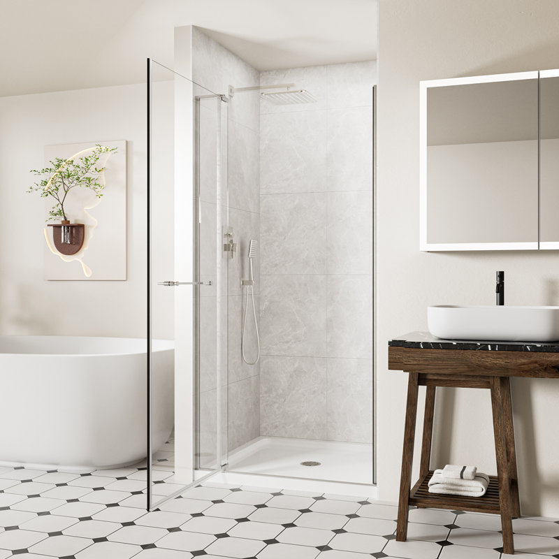Porte de douche pivotante sans cadre l 32 à 36 po x H 72 po, verre trempé de 1/4 po (6 mm) et 5/16 po (8 mm), porte de douche battante avec barre à serviettes et butée anti-collision 105 °, finition chromée, réversible Installation