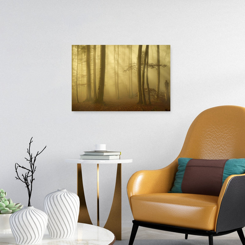 Golden Misty Forest Dreamy Ethereal Mystical Autumn Forest Wall Art Print 1 Piece Wrapped Canvas Wall Art