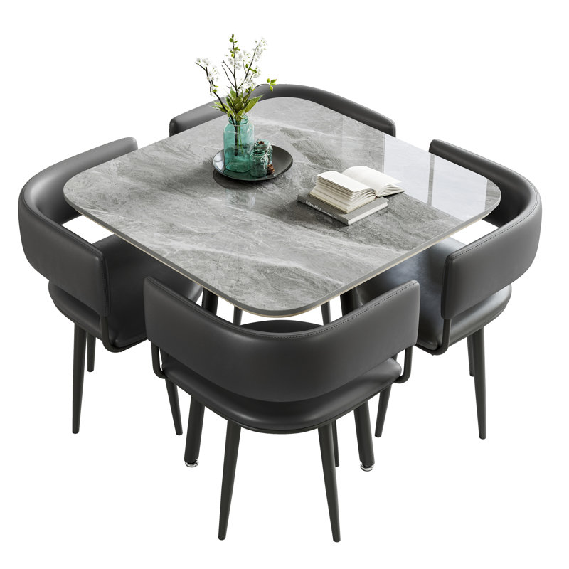 Sintered Stone Square Gray Dining Table Set With 4 Chairs, Black, Gray