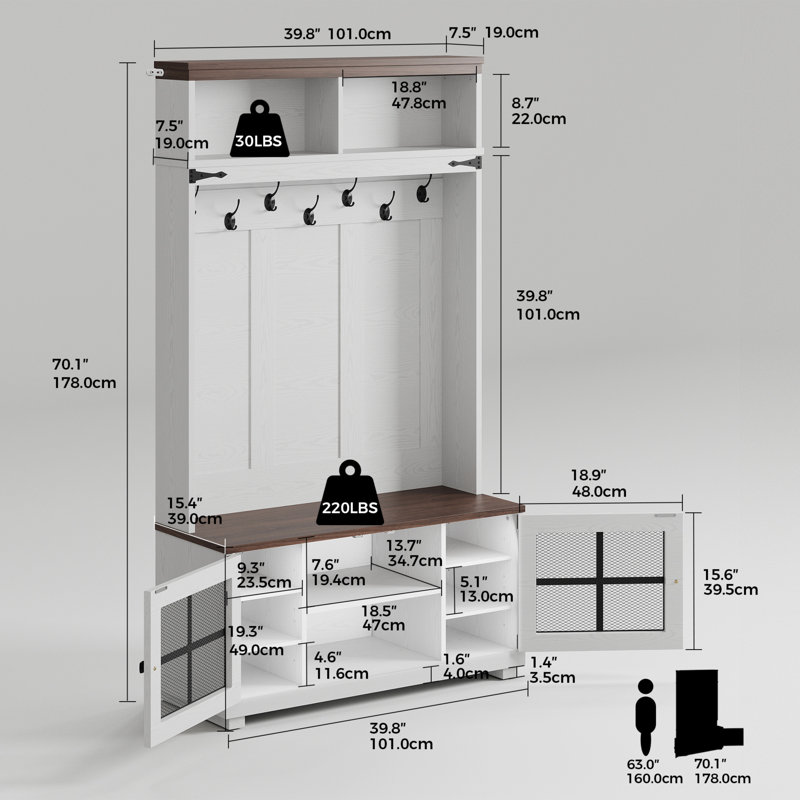 39.8" Wide Hall Tree With Bench And Shoe Storage, Entryway Bench With Diamond Wire Mesh Design, Coat Rack Shoe Bench For Hallway
