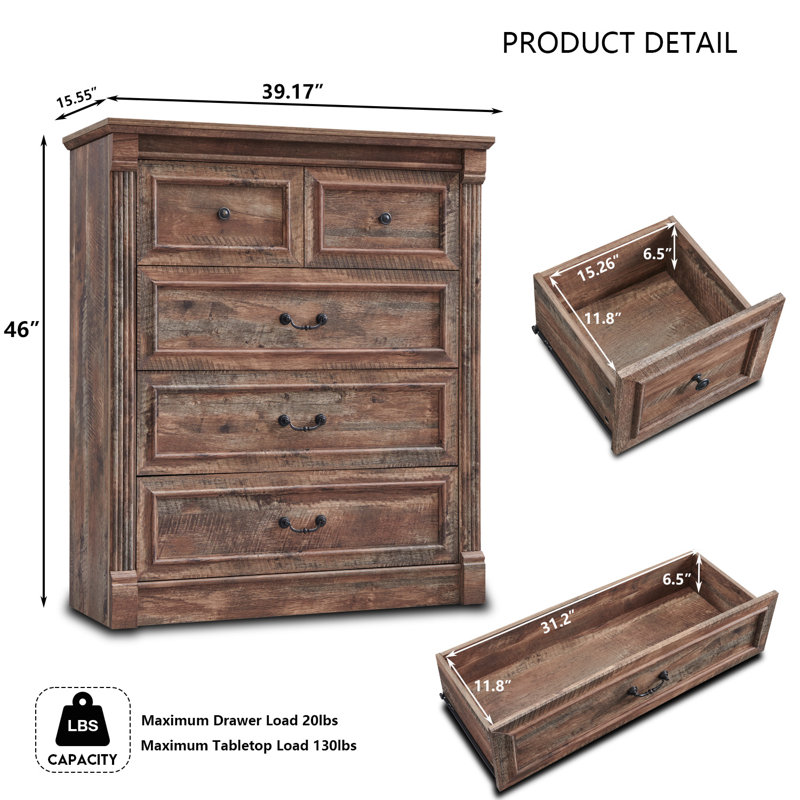 Burlington Farmhouse 5 Drawers Dresser for Bedroom, 46" Tall Dressers & Chests of Drawers w/Roman Column, Brown
