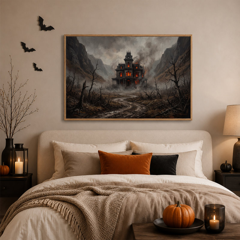 Maison hantée gothique aux fenêtres orange vif - Toile murale d'Halloween, H 36 po x l 48 po