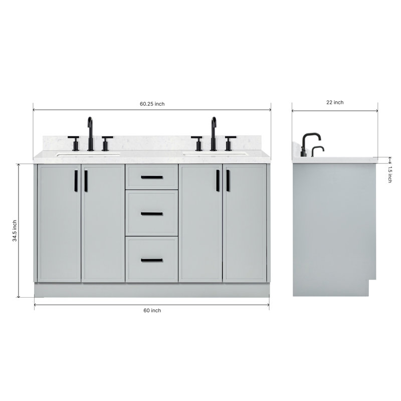 Ariel Kelly 60 Inch Double Rectangular Sink Bathroom Vanity With Carrara Quartz Countertop, Gray