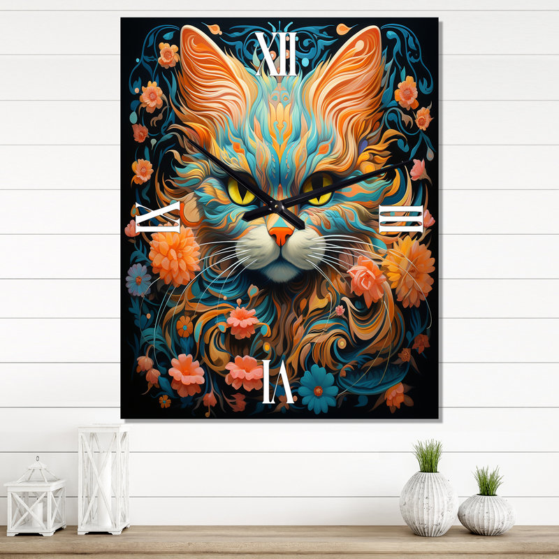 Horloge murale chat avec ambre et sarcelle, Petit