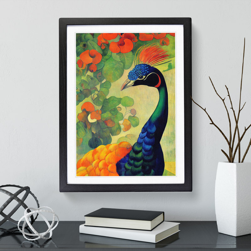 Painted Peacock No.1 - Single Picture Frame Painting, Black , 34cm H x 25cm W x 2cm D