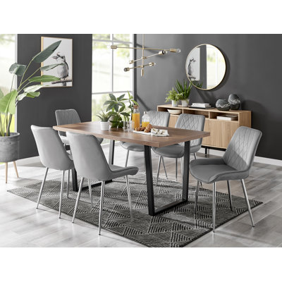 7-Piece Wood and Metal Dining Table Set with Upholstered Dining Chairs and Rectangular Table