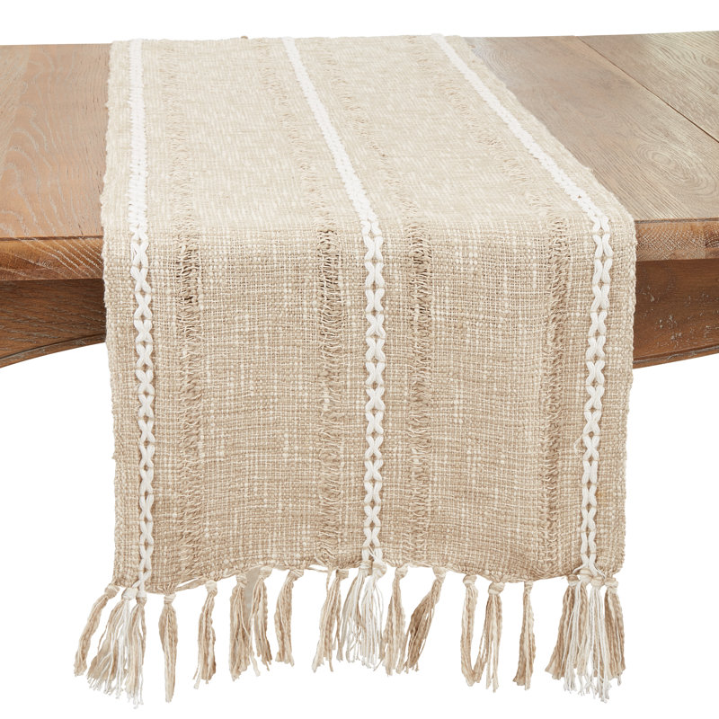 Textured Striped Woven Table Runner With Fringe Detail