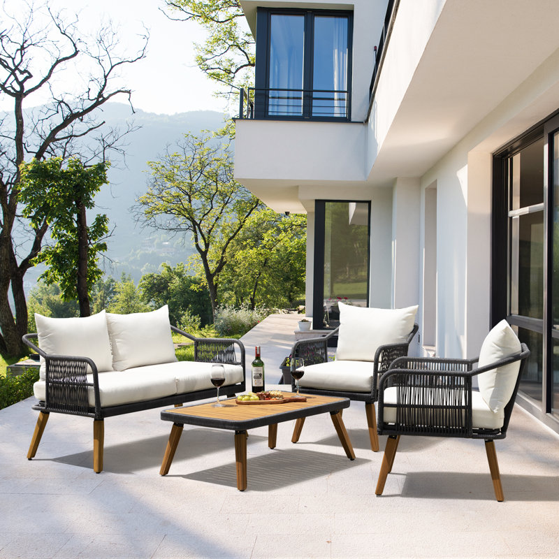 Serene 4-Piece Patio Furniture Set – 800lbs Capacity, Acacia Wood Outdoor Conversation Set with Thick Cushions, Cream Opal