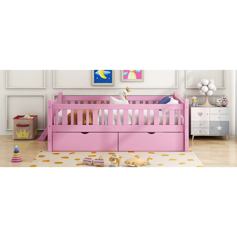 Wood Twin Size Platform Bed With Guardrail And 2 Drawers, Pink