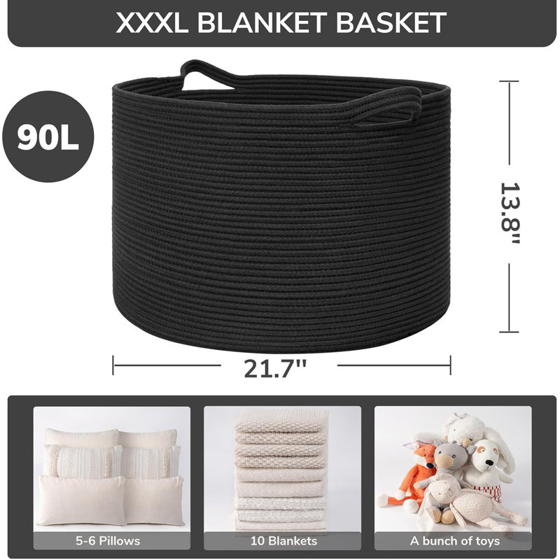 Xxxlarge Black Woven Cotton Rope Blanket Basket