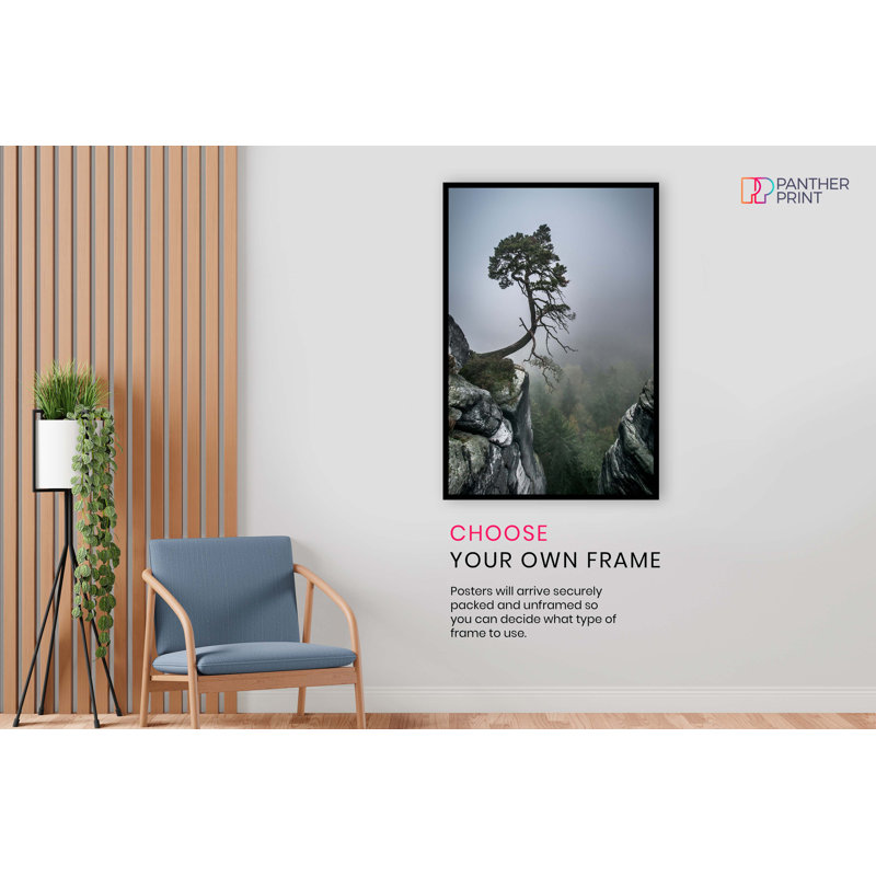 Old Tree Hanging By Cliff Foggy Mountain - No Frame Print, 31cm H x 20cm W