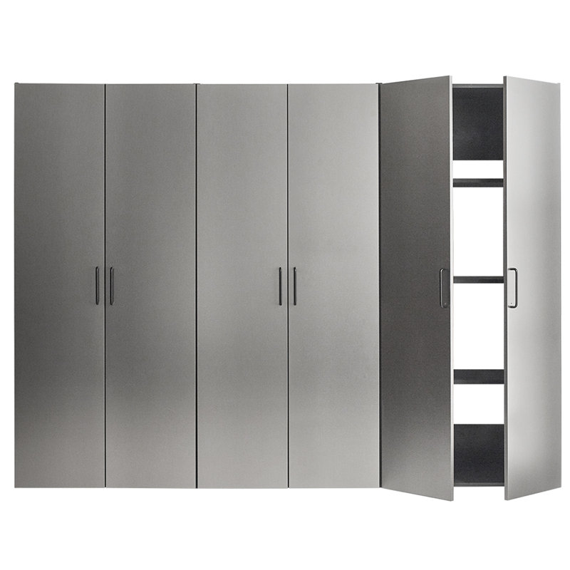 96 po Large armoire de garage D 3 au look gris métallique contemporain - Tiroirs et portes, chauffe-eau, 2X bords plus épais, panneau de qualité E0, système de tablettes, structure métallique robuste l, 79 H, design,