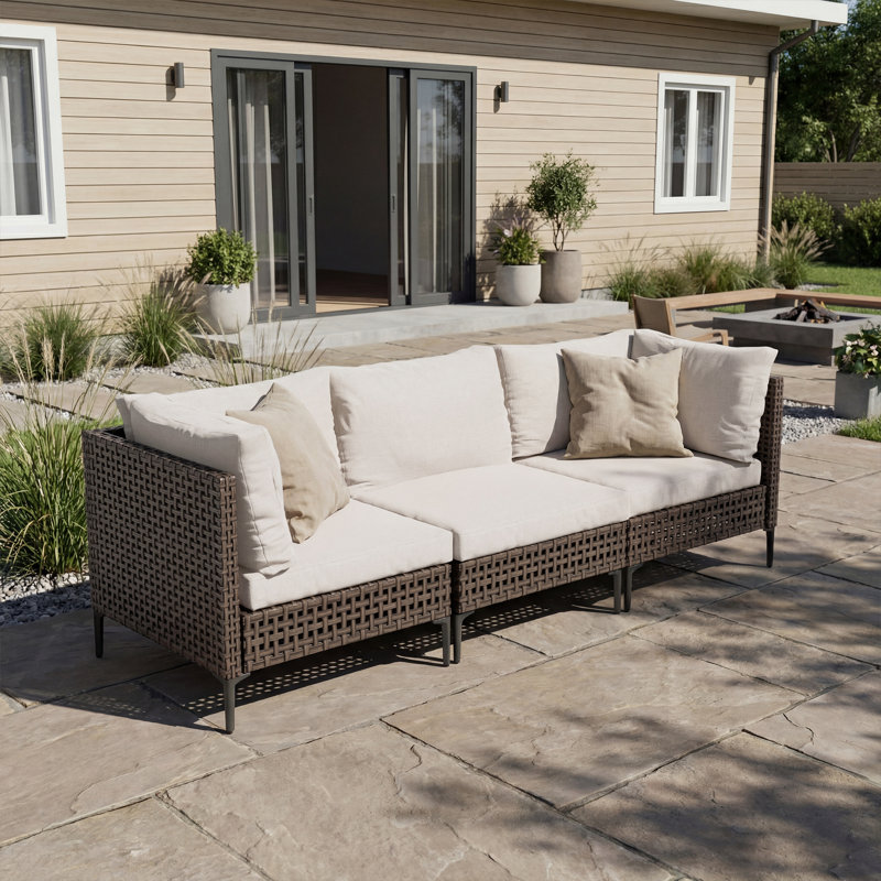 Canapé modulaire en osier 3 places avec coussins, Beige