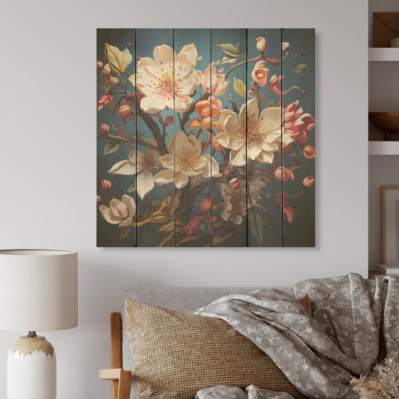 «Gentle Magnolia Song I», art mural en bois de magnolia sur bois de pin naturel, H 30 po x l 30 po