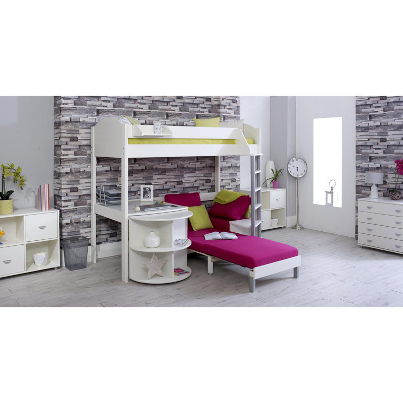Melodie European Single (90 x 200cm) High Sleeper Loft Bed Bed with Bookcase, White, Pink