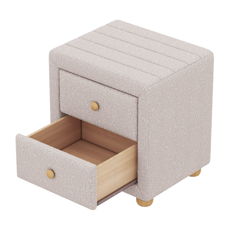 Grand lit plateforme tapissier avec table de chevet en molleton Abinayan Teddy, Beige