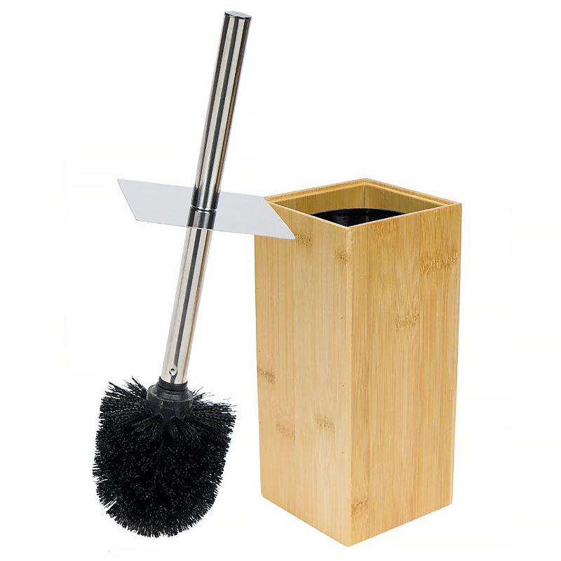 Modern Bamboo and Stainless Steel Toilet Brush Holder Set