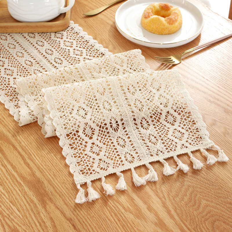 Fashion Cotton Table Runner With Tassels, 86" L x 9.5" D, Beige