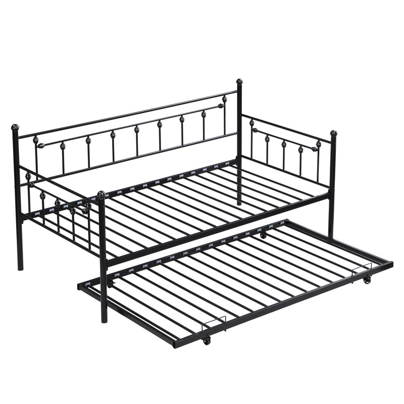 Lit de jour noir avec lit gigogne - Nécessaire de chambre à coucher moderne, fabrication en métal durable, choix d'économie d'espace, aire de repos silencieuse et stable, procédure d'assemblage facile, tous les types de matelas assortis, 250/350