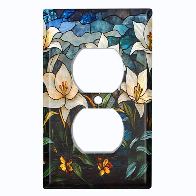 Metal Light Switch Plate Cover; US Standard Size 4 Gang Toggle - Printed Image of Stained Glass Lily Flowers