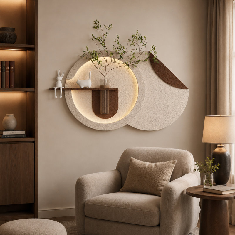Décoration murale à DEL café clair avec vase en verre, présentoir de verdure et disque moderne