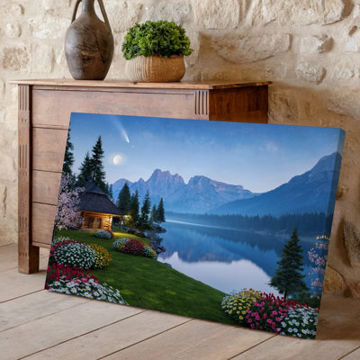 Canvas A Serene Lakeside Scene At Twilight Featuring A Cozy Log Wall Art Cabin With A Thatched Roof Nestled Among Vibrant Flower Beds Canvas Wall Art
