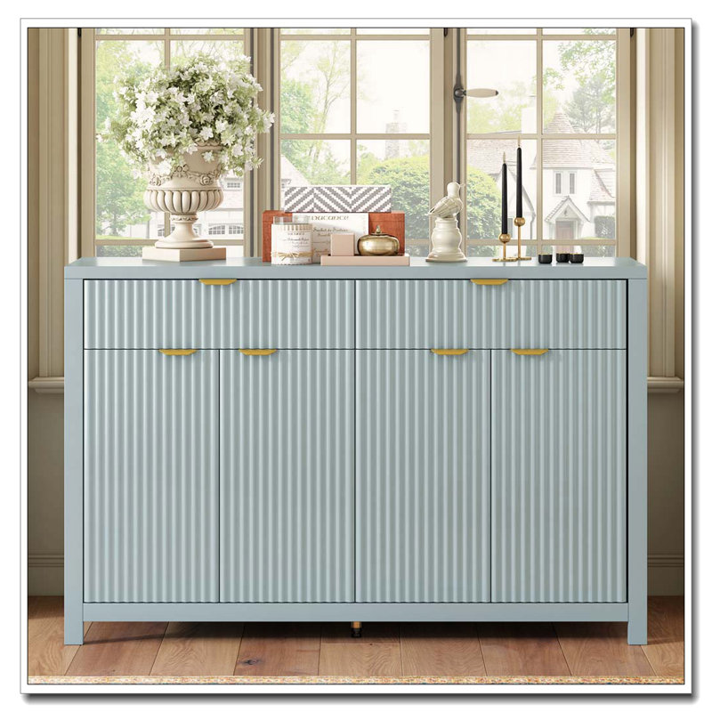 Modern Wave-Pattern Sideboard with 2 Drawers, 4 Doors, and Adjustable Shelves, White