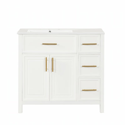 Meuble-lavabo de 36 pouces avec comptoir en céramique, cadre en bois durable et grand espace de rangement pour les salles de bain modernes