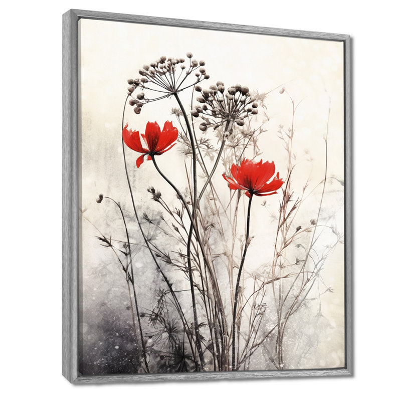Décoration murale florale rouge et grise I, H 20 po x l 12 po x P 1 po, Argent argent, Reproduction avec cadre flottant