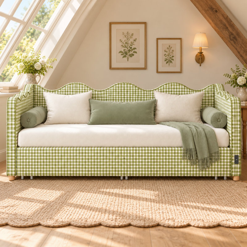 Pink Gingham Daybed with Pull-Out Bed, 2 Drawers & USB Charging, Green