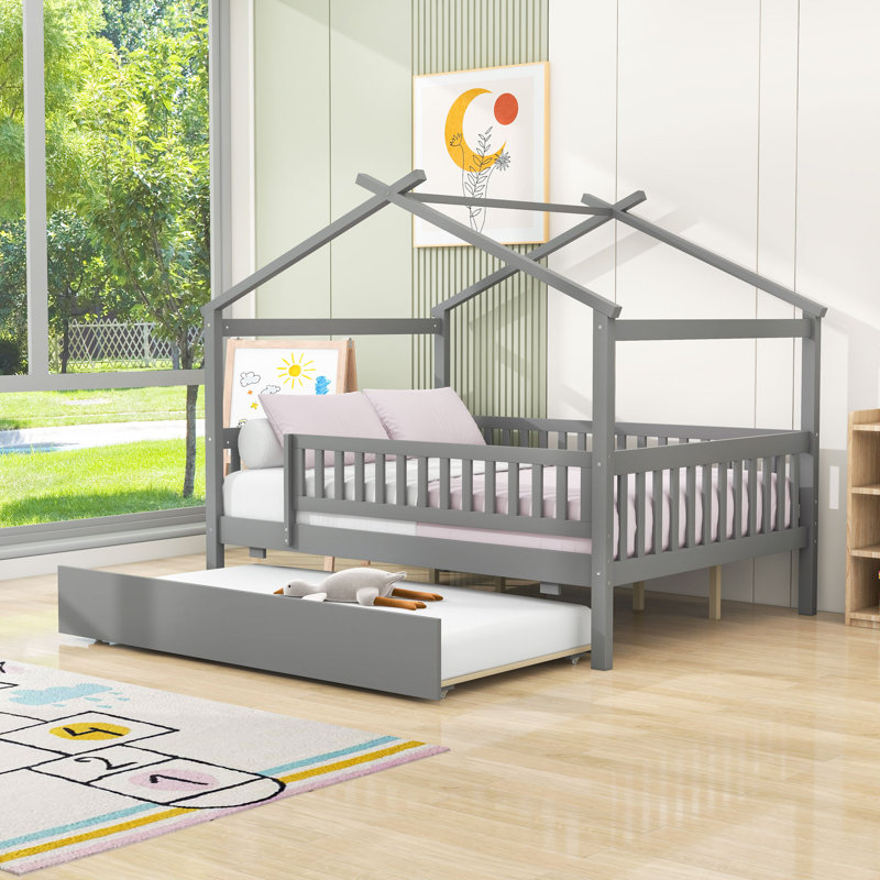 Wooden House Bed With Safety Guardrails And Twin Trundle, Gray, Full