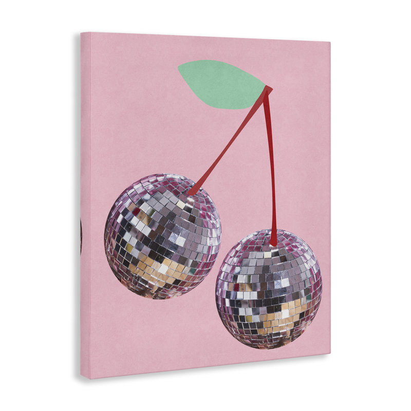 Art mural disco cerises sur toile rose par Anna Quach, H 40 po x l 30 po