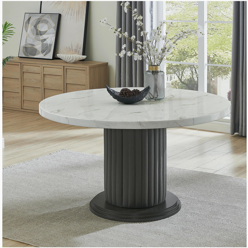 Valencia 54" Round White Faux Marble Dining Table with Gray PVC-Upholstered Pedestal Column & Gray Wood Base – Seats 6