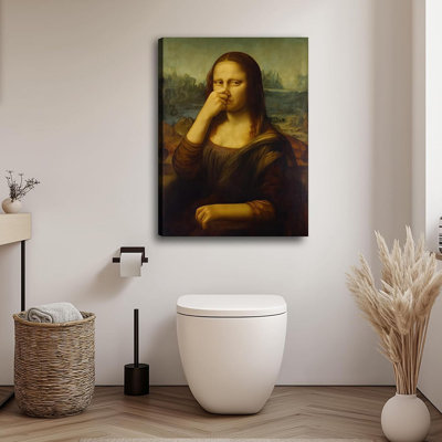 Funny Mona Lisa Bathroom Canvas Wall Art Pinching Nose Humor Wall Decor Picture Classical Painting Amusing Toilet Artwork Vintage Whimsical Poster Print For Bathroom Home Decoration (16Inx24in)
