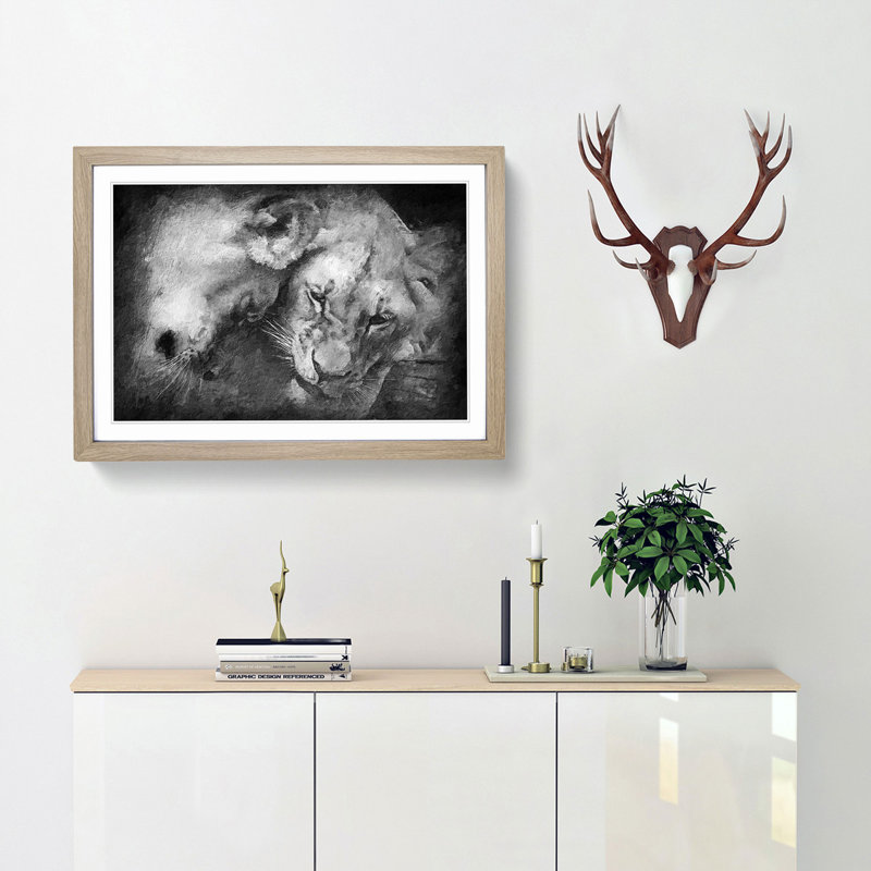 Two Snuggling Lions - Picture Frame Painting Print, 48cm H x 65cm W x 2cm D, Oak Framed