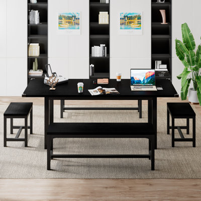 5-Piece Dining Table Set for 4-8 People, Extendable Kitchen Table Set with 2 Benches and 2 Square Stools, Mid-Century Dining Room Table , Saving Space