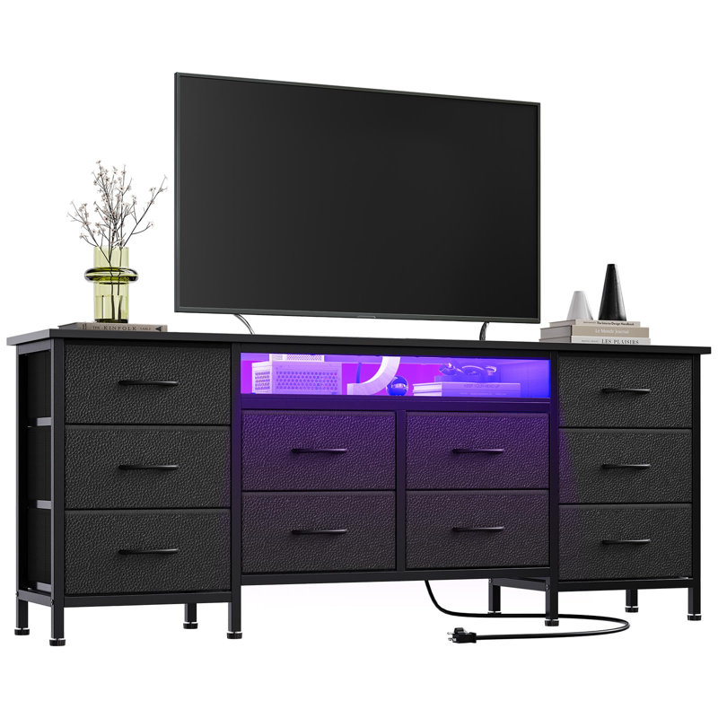 TV Stand - 63" TV Stand Dresser with 10 Storage Drawers, Power Outlets & LED Lights, Wide Dresser Organizer Entertainment Center, Bedroom Storage Chest for Dining Living Room