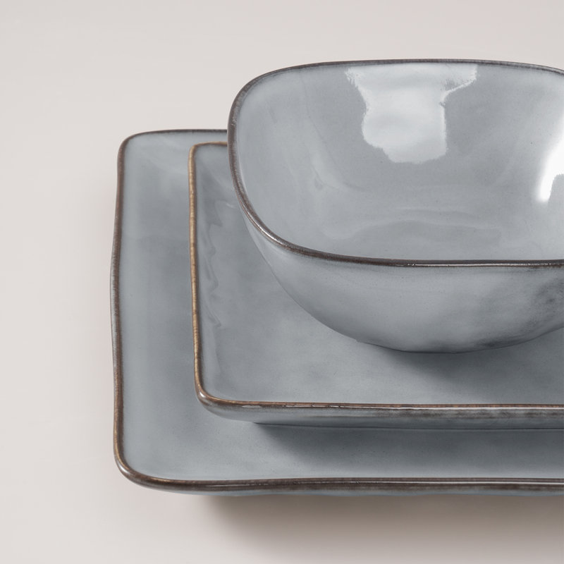 Stoneware Dinnerware Sets, 24-Piece Dish Set, Gray