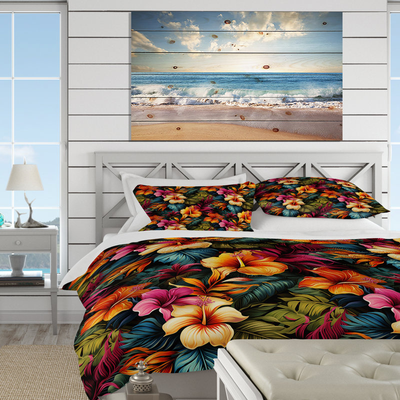 Ensemble de housse de couette multicolore Hibiscus, Housse de couette pour grand lit et 2 taies décor