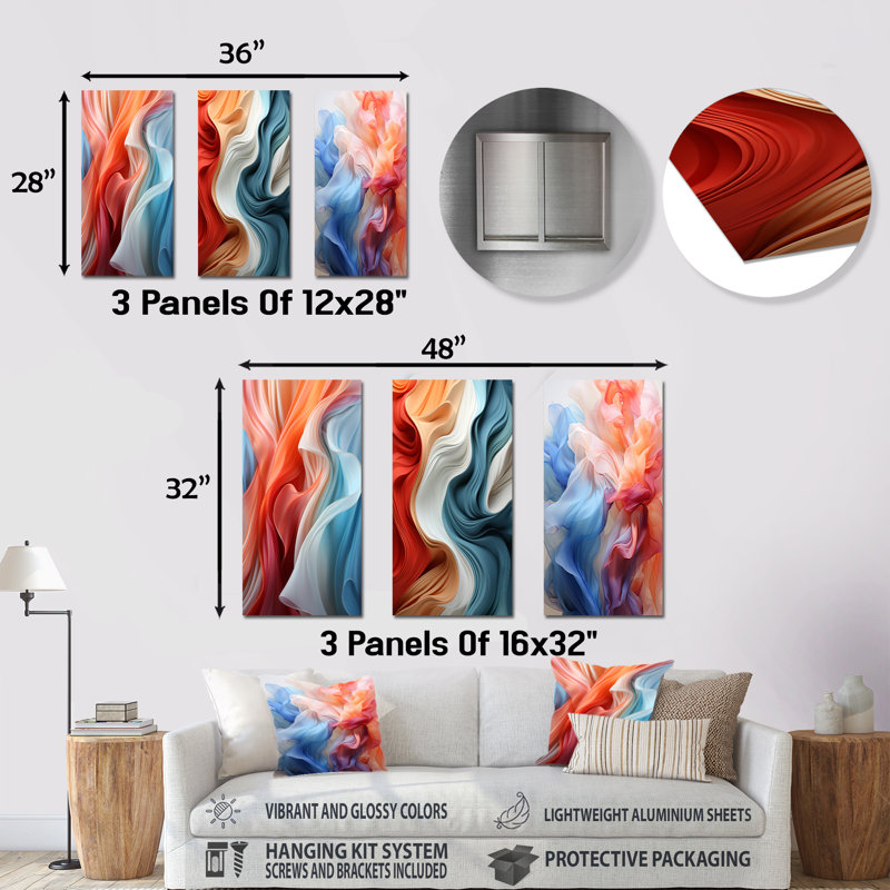 Multicolor Geometric Whispers Tides - Ensemble de 3 reproductions d'art géométriques abstraites en métal, H 32 po x l 48 po