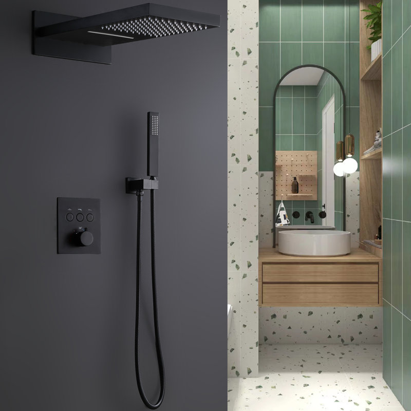  High Pressure Thermostatic Shower System, Brass Wall Mounted Shower Faucet Set with Rain&Waterfall Shower Head and Handheld Spray