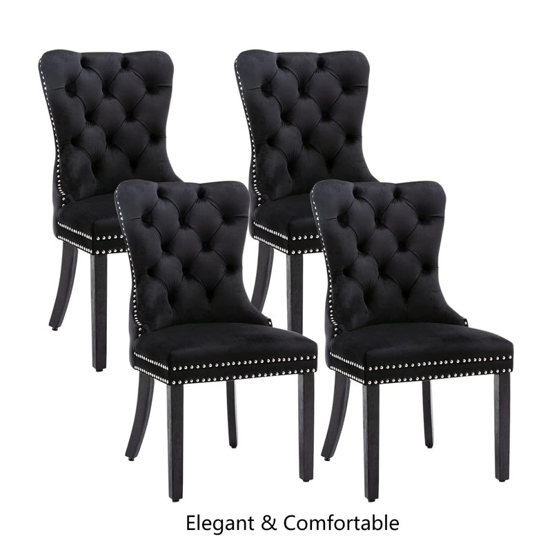 Black Velvet Upholstered Tufted Side Chair with Wood Legs