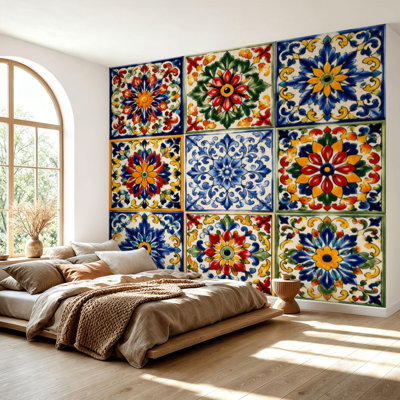 Wall Mural Peel and Stick Wallpaper Mexican talavera ceramic tile seamless Ethnic folk ornament Italian Self-Adhesive Removable Contact Paper Wall Decor for Living Room Bedroom 69"H x 96"W