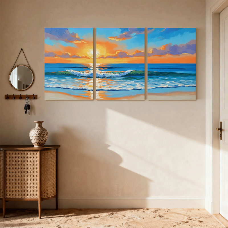 Nautique et plage coucher de soleil océan vagues plage ciel nuages réflexion sable ensemble de 3 impressions d'art sur toile