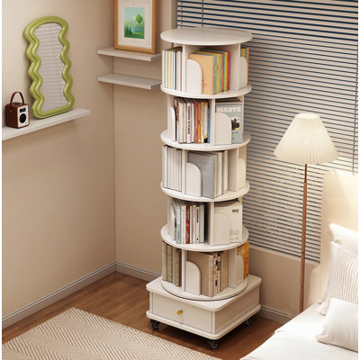 Bibliothèque rotative à 5 niveaux, présentoir à roulettes rondes avec roulettes et tiroir, peu encombrante, petite tour rotative pour chambre à coucher, salon, maison, bureau, blanc chaud