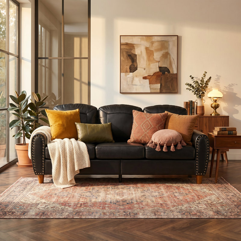 Canapé classique 81,5 po à 3 places, canapé en similicuir avec accoudoirs roulés et rivets en laiton, pieds en bois massif, revêtement en similicuir respirant pour le salon, le bureau et l’appartement