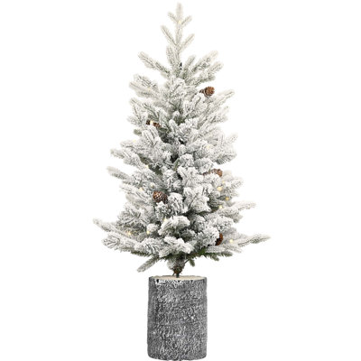 Arbre de Noël floqué avec lumières DEL blanc chaud, pommes de pin et base de pot